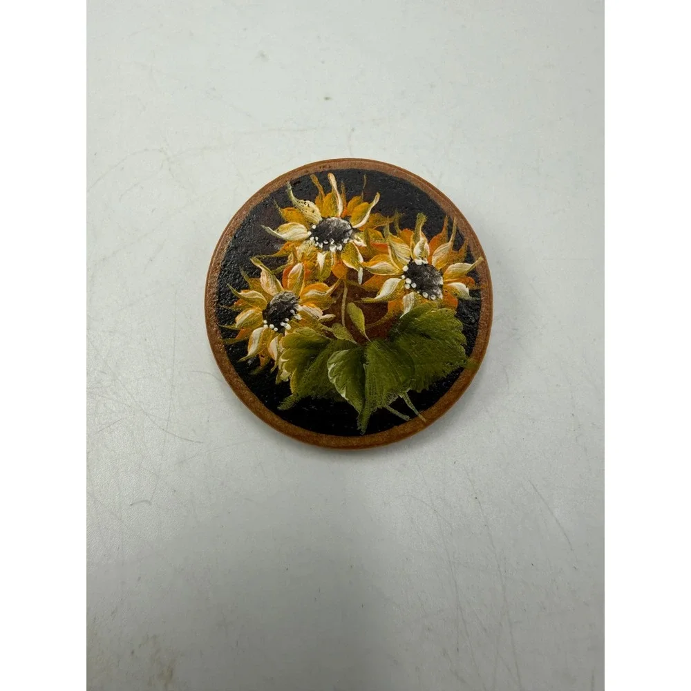 Sheila Kaiser Hand Painted Wooden Sunflower Brooch Signed Folk Art Floral Pin